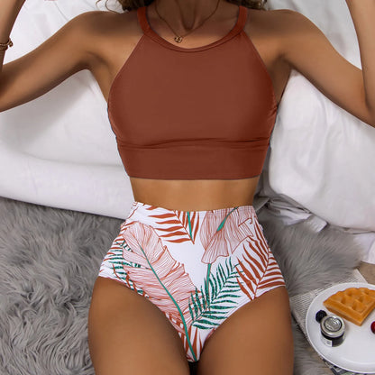 Fashionable, Bold and Beautiful DressWomen'S Tropical Printed Sexy Split Swimsuit Sports Tight Fitting High Waist Bikini Set High Elastic Swimwear Women'S Swimsuit