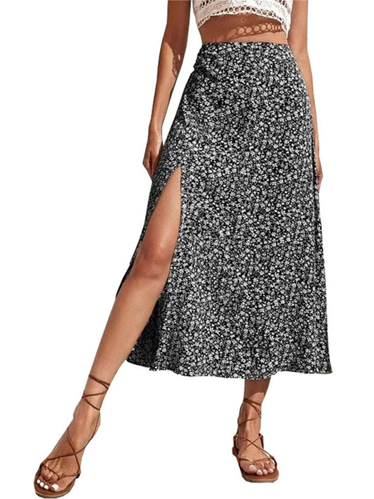 Women s Floral Print Midi Skirts Mid Waist Side Slit Skirts Spring Summer Fashion Casual A-line Skirts - Just The Fly Way