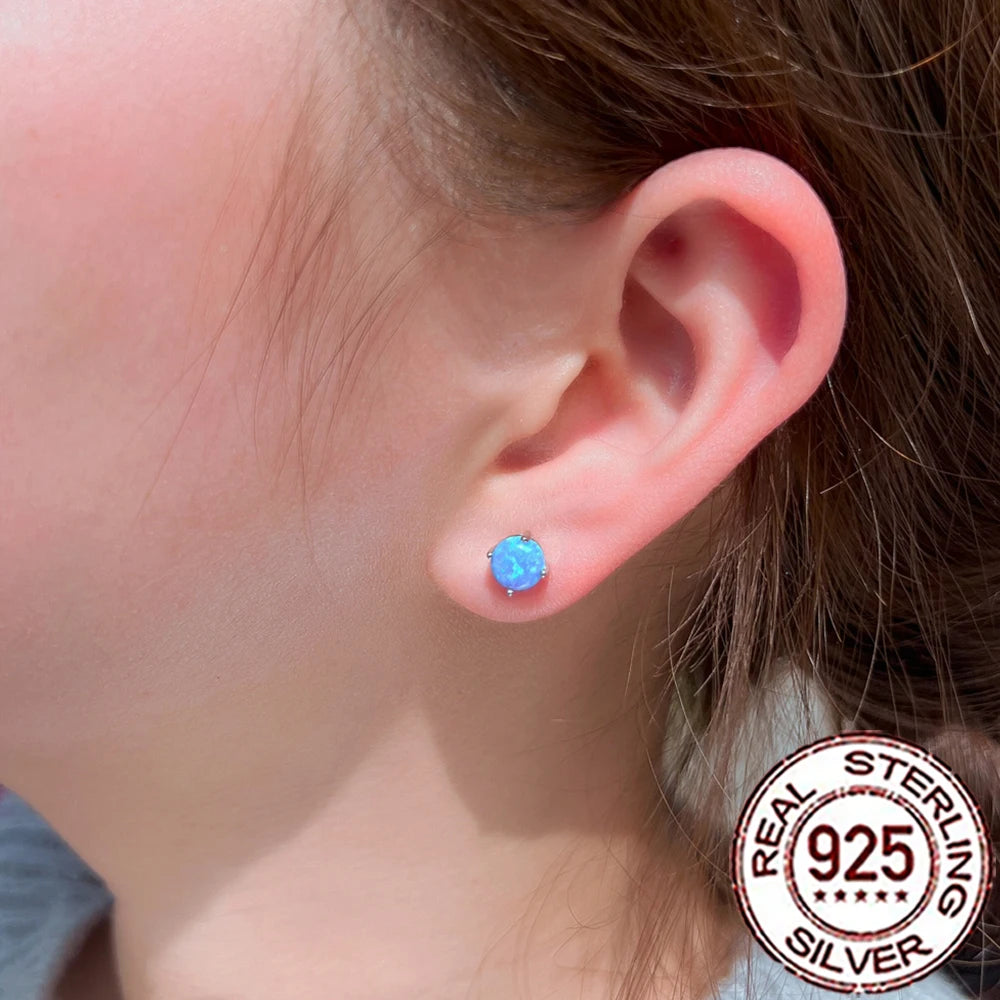 Fashionable, Bold and Beautiful DressCWWZircons 925 Sterling Silver Exquisite Mystical Blue Opal Round Stud Earrings for Women Party Dress Jewelry Accessories SE103 - Just The Fly Way