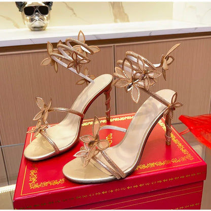 Fashionable, Bold and Beautiful DressLuxury Crystal Embellished Butterfly Detail Women Sandals Sexy Coiled Strap Thin High heels Gladiator sandals Summer Party Shoes