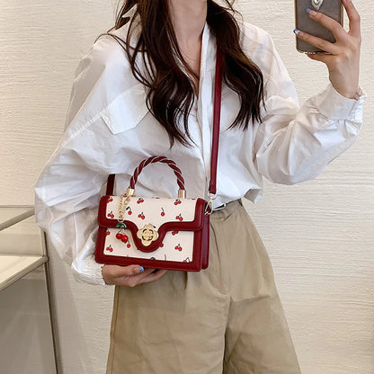 Fashionable, Bold and Beautiful DressWomen Cherry Square Chain Bag PU Leather Sweet Cherry Crossbody Bag Adjustable Strap Cherry Pattern Sling Bag Ladies Outdoor Bag