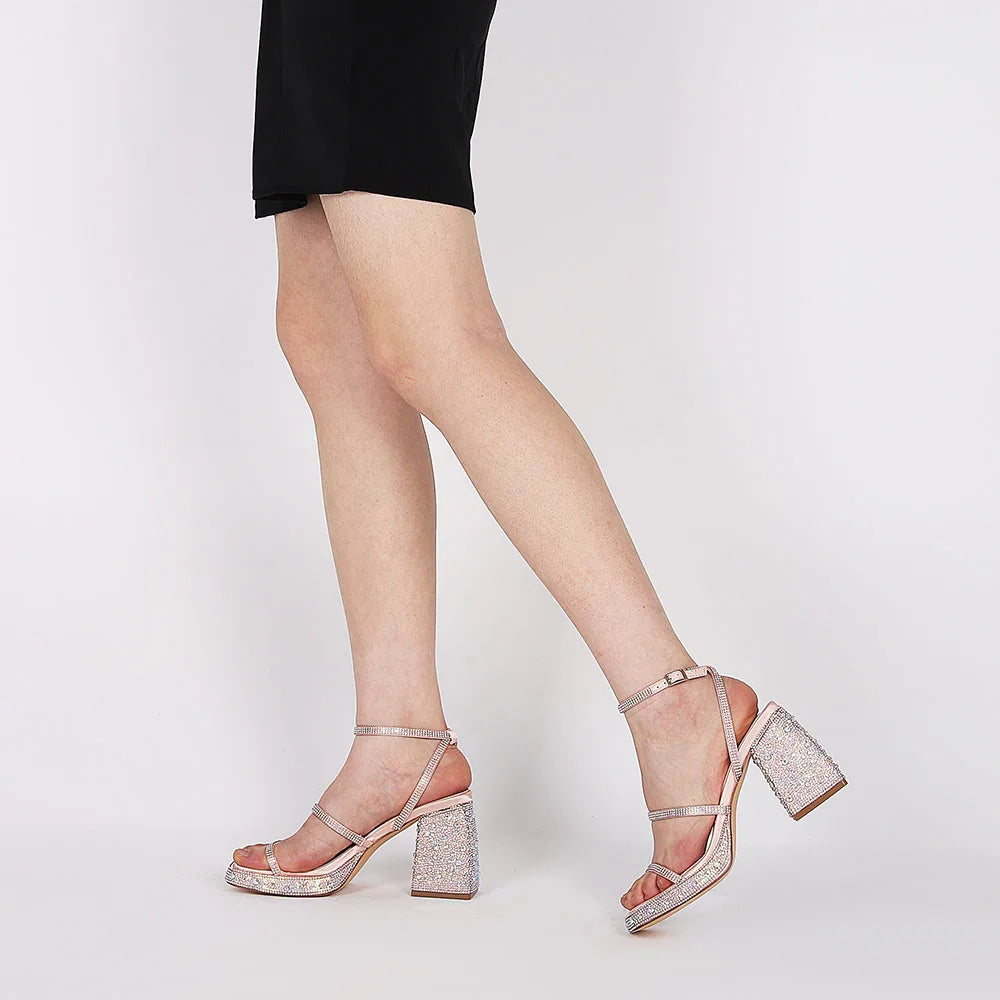 GIGIFOX Shiny Crystals Women Sandals Platform Chunky High Heel Ankle Strap Buckle Strap Shoes Sexy Elegant Dress Party Sandals - Just The Fly Way