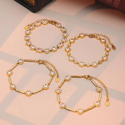 Shimmering Gold Plated Tennis Bracelet for Women - Vintage Charm Bangle with Zircon, Heart & Square Designs - Just The Fly Way