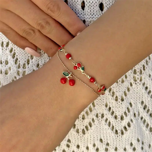 Cute Sweet Red Cherry Chain Bracelet Necklace For Women Vintage Gold Color Flower Fruit Clavicle Anklet Wedding Party Jewelry - Just The Fly Way
