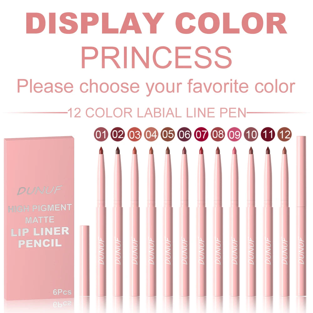 Fashionable, Bold and Beautiful Dress6pcs Lip Liner Pen Set Long-Lasting, Waterproof Sweatproof, Easy Coloring Non-fading Color Rendering Lip Gloss Set Beauty Makeup