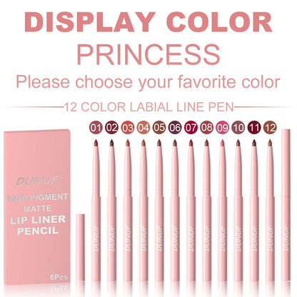 Fashionable, Bold and Beautiful Dress6pcs Lip Liner Pen Set Long-Lasting, Waterproof Sweatproof, Easy Coloring Non-fading Color Rendering Lip Gloss Set Beauty Makeup
