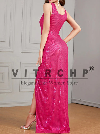 Celebrity Evening Dress Women Sequin Long Prom Dress V Neck Rose Sequin Evening Dress Sexy Party Mermaid Sparkling Maxi Dress - Just The Fly Way