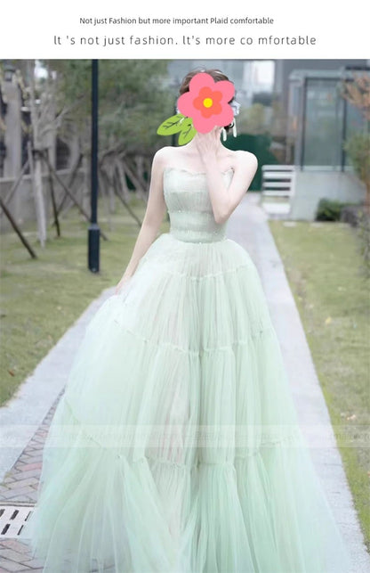 Green Tube Top Mori Style Evening Dress Female Classy Light Luxury Minority Host Birthday Adult Ceremony Princess Dress Light Wedding Dress