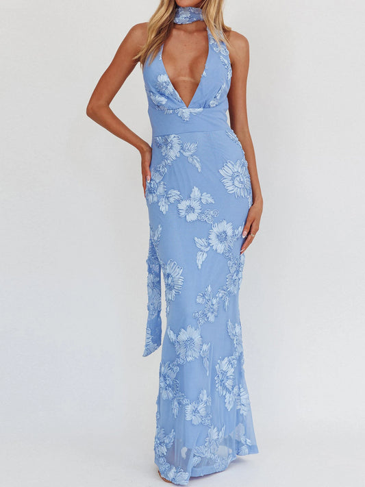 Fashionable, Bold and Beautiful DressElegant V-Neck Maxi Dress with Lace Detailing Sleeveless Backless Evening Gown for Formal Events and Weddings - Just The Fly Way