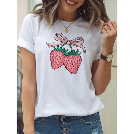 Women's Cute Strawberry Graphic T-Shirt - Casual Round Neck Short Sleeve Tee with Pink Bow Design, White Summer Top for Casual - Just The Fly Way