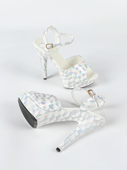 Fashionable, Bold and Beautiful DressHologram Iridescent PU Leather Buckle Strap Sandals For Woman 13CM Stiletto Summer Platform Heels Europe and America Party Shoes