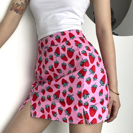 Fashionable, Bold and Beautiful DressBohemian Skirt Female Wrap Hip Strawberry Printing High Split Slim Fit Skirt Ladies High Slit Wrap Hip A-Line Skirt New Chic - Just The Fly Way