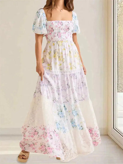 Elegant Floral Print Short Sleeve A-Line Dress with Ruffled Hem for Women Perfect for Cocktail Parties and Streetwear Fashion - Just The Fly Way