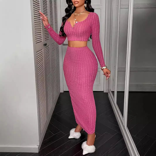 Two Piece Sets Women Skirt Set Full Sleeve Dress Sets Sexy U Neck Bodycon Short Tops Long Skirts Elegant Splice High Waist