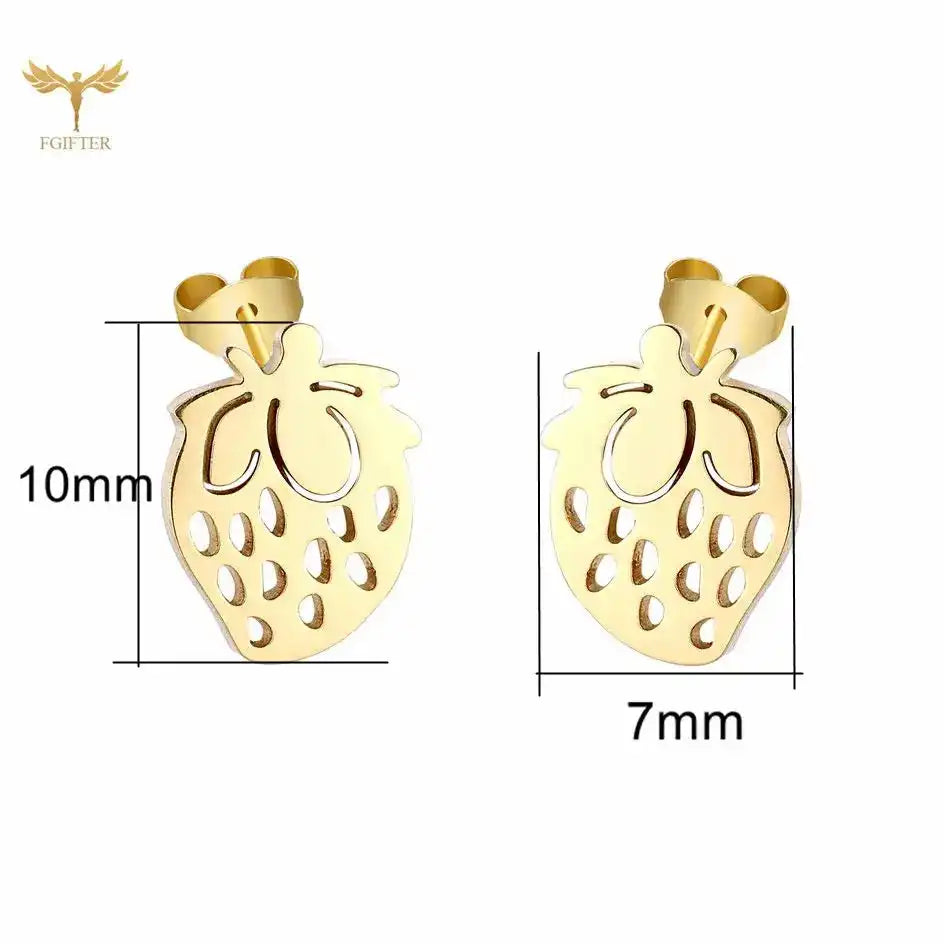 12 Pairs Lot Fruit Earrings Golden Strawberry Design Stud Earring Set Surgical Steel Children Girls Ear Jewelry Accessory Resale - Just The Fly Way