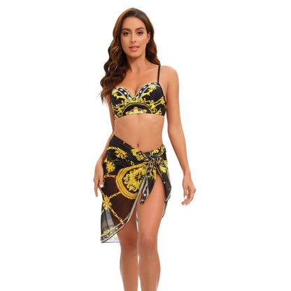 Three Piece Push Up Bikini Set, Black Gold Swimsuit with Skirt Cover Up - Just The Fly Way