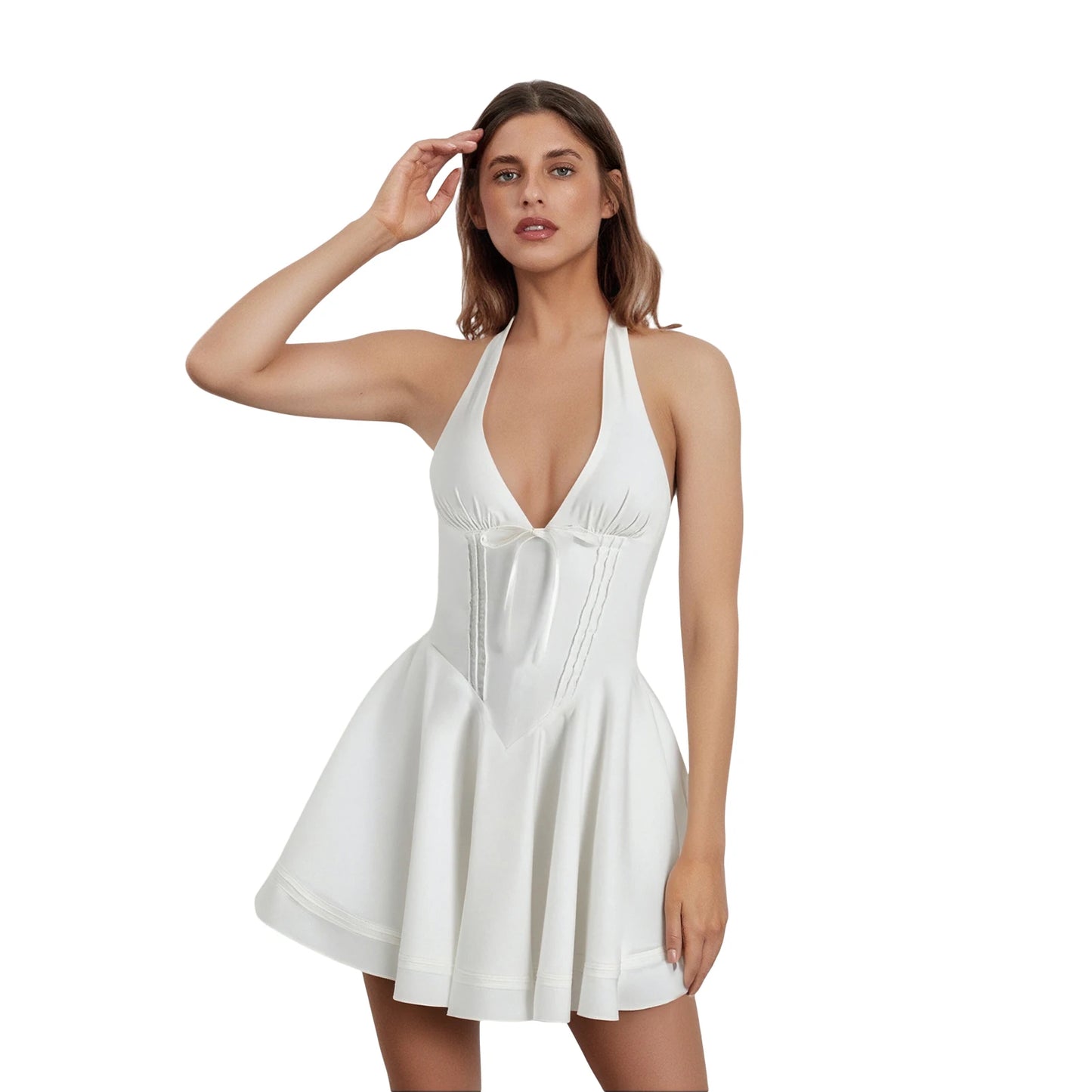 Elegant Lace-Up Halter Neck Dress with Flared Skirt and Open Back Design Perfect for Summer Parties and Events - Just The Fly Way