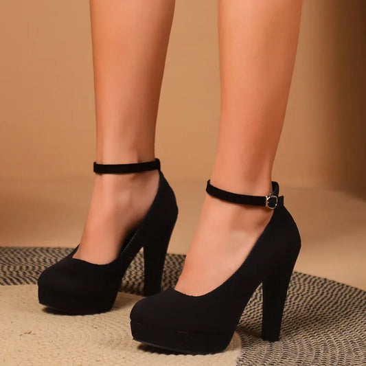 Fashionable, Bold and Beautiful DressLarge Size 42 Sexy Super High Heels Shoes for Women Ankle Buckle Chunky Platform Pumps Woman Black Flock Square Heel Party Shoes