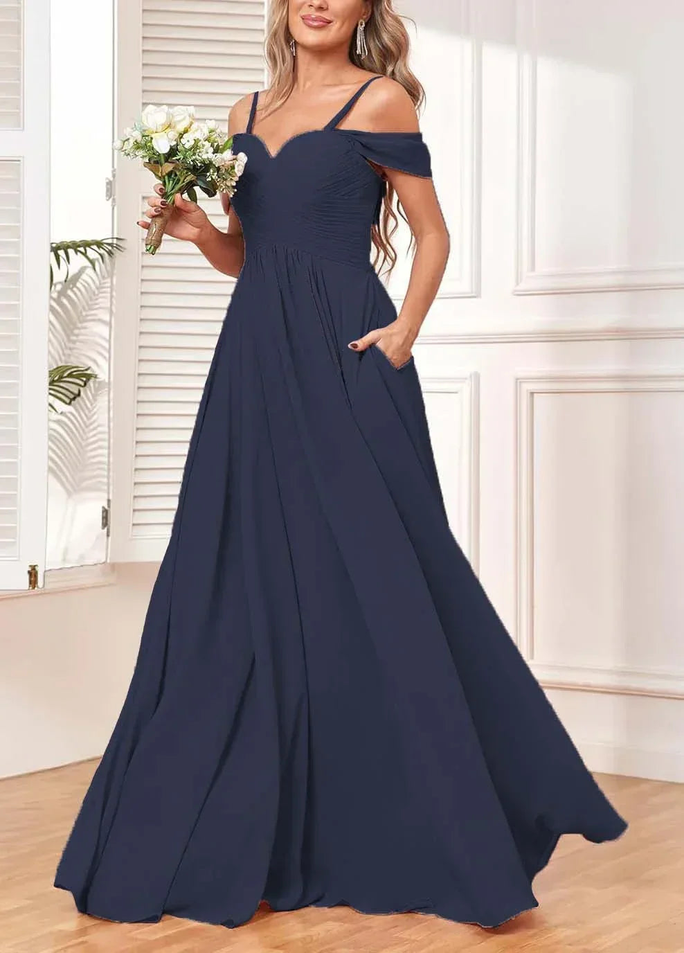Off The Shoulder, Formal Chiffon Pleated Formal Long Length Evening Gown Customizable - Just The Fly Way