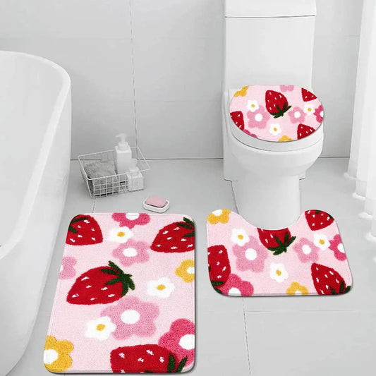 Charming Three-Piece Strawberry Bathroom Rug Set for a Delightful Decor Upgrade - Just The Fly Way