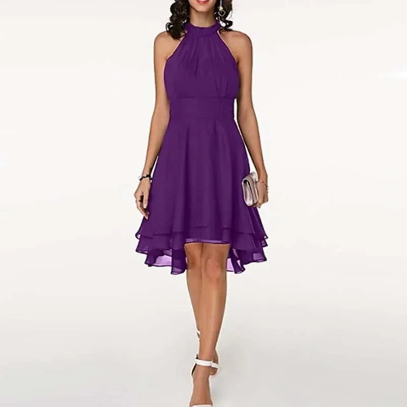 Elegant Solid Color, High Waist, Halter Top, Sleeveless Midi Dress with Cropped Layered Chiffon Slimming Dresses - Just The Fly Way
