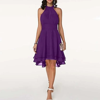 Elegant Solid Color, High Waist, Halter Top, Sleeveless Midi Dress with Cropped Layered Chiffon Slimming Dresses - Just The Fly Way