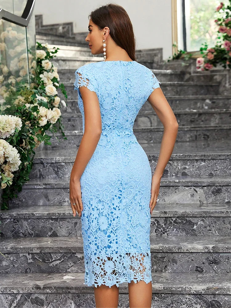 Evening Dress Lace Blue Dress Sleeveless Ruffles Hollow Out Short Mini Dress office lady Slim Party Dresses Women Evening Dress - Just The Fly Way