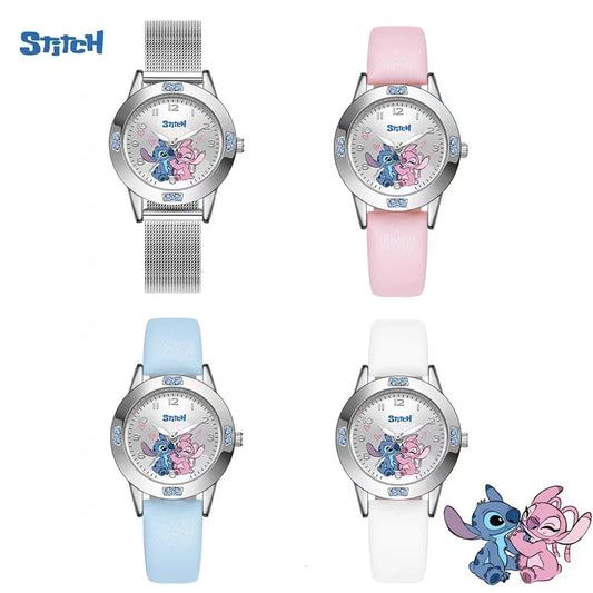 Four watches with different colored straps featuring cartoon characters on a white background.