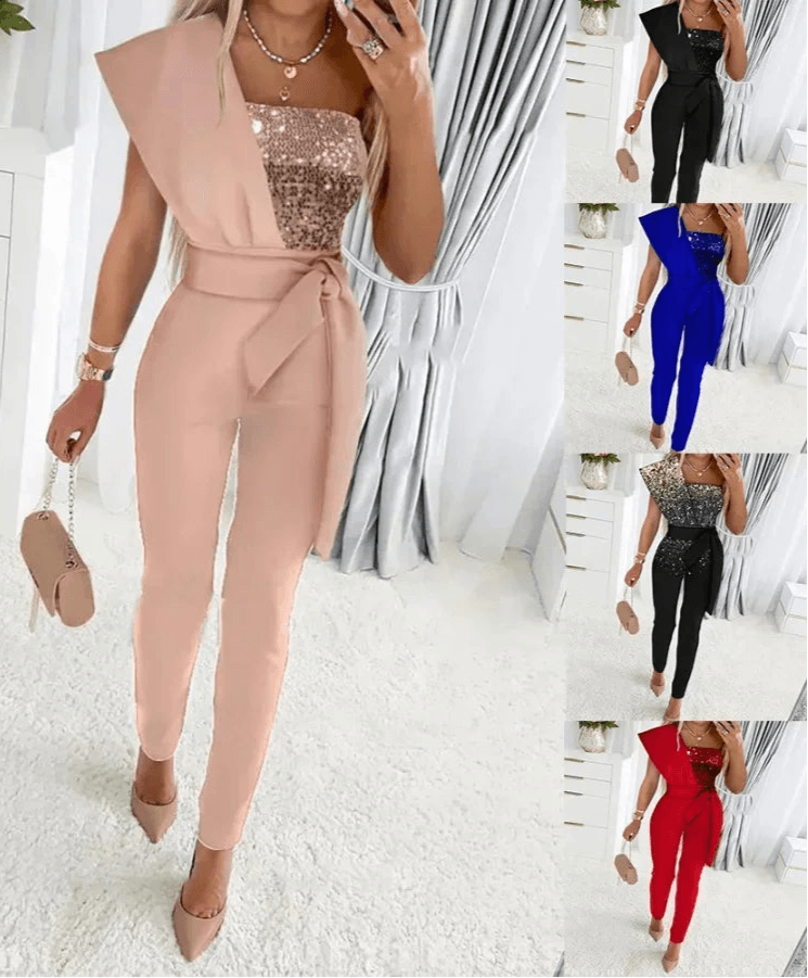 Women's Solid Color Romper, Cut-out Design, Belt Decoration, V-neck Fashion Sequin One-shoulder Bodysuit - Just The Fly Way