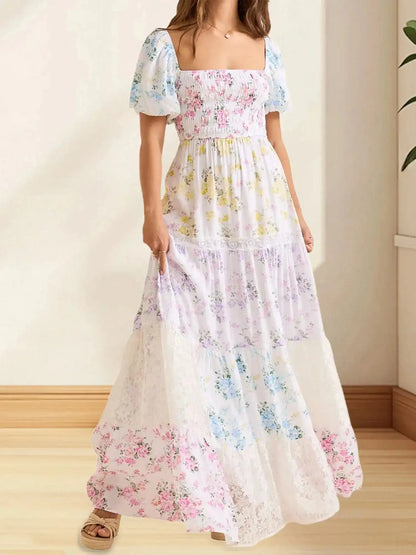 Elegant Floral Print Short Sleeve A-Line Dress with Ruffled Hem for Women Perfect for Cocktail Parties and Streetwear Fashion - Just The Fly Way