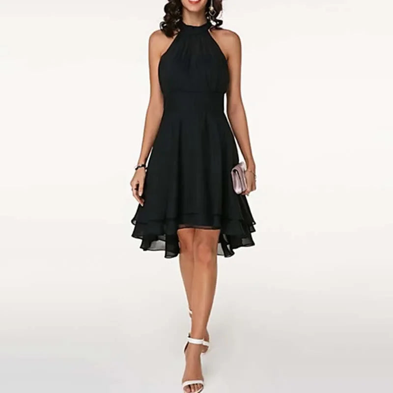 Elegant Solid Color, High Waist, Halter Top, Sleeveless Midi Dress with Cropped Layered Chiffon Slimming Dresses - Just The Fly Way