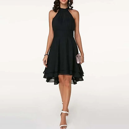 Elegant Solid Color, High Waist, Halter Top, Sleeveless Midi Dress with Cropped Layered Chiffon Slimming Dresses - Just The Fly Way