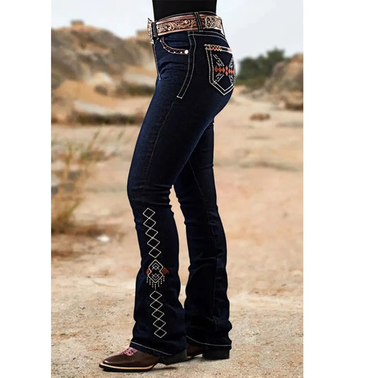 High-Rise Stretch Flare Denim Rhinestone Embroidery Jeans for Casual or Dressy Occasions - Just The Fly Way
