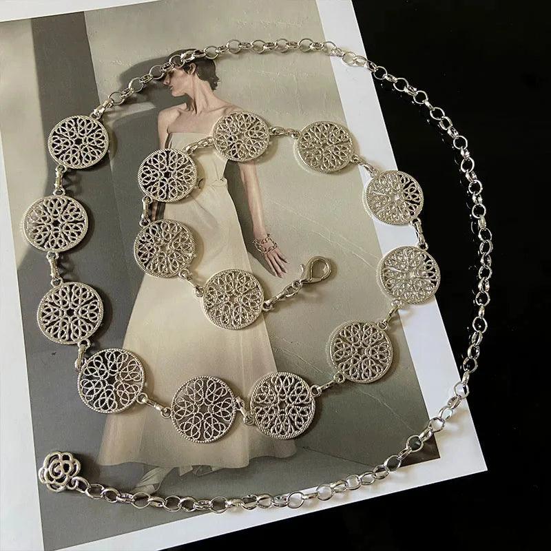 Elegant Retro Round Metal Belt, Gold or Silver Hollow Out Chain Belt Accessories - Just The Fly Way