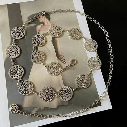 Elegant Retro Round Metal Belt, Gold or Silver Hollow Out Chain Belt Accessories - Just The Fly Way