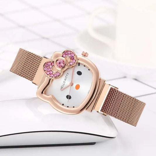 Gold or Silver Metal Ladies Kawaii Pink Hello Kitty Rhinestone Watch