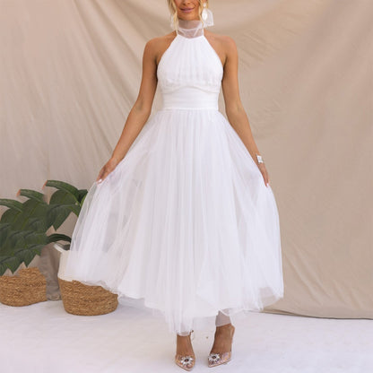 Sexy Halter Holiday Party Dress Women Off Shoulder Mesh Backless Pleated Dress White Vestidos Formal Wedding Gown Long Dress - Just The Fly Way
