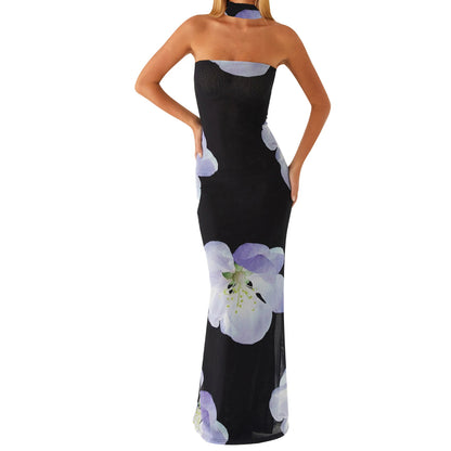 Elegant Lace Halter Neck Maxi Dress with Ruffle Hem and Matching Belt for Women Wedding Party Evening Gown - Just The Fly Way