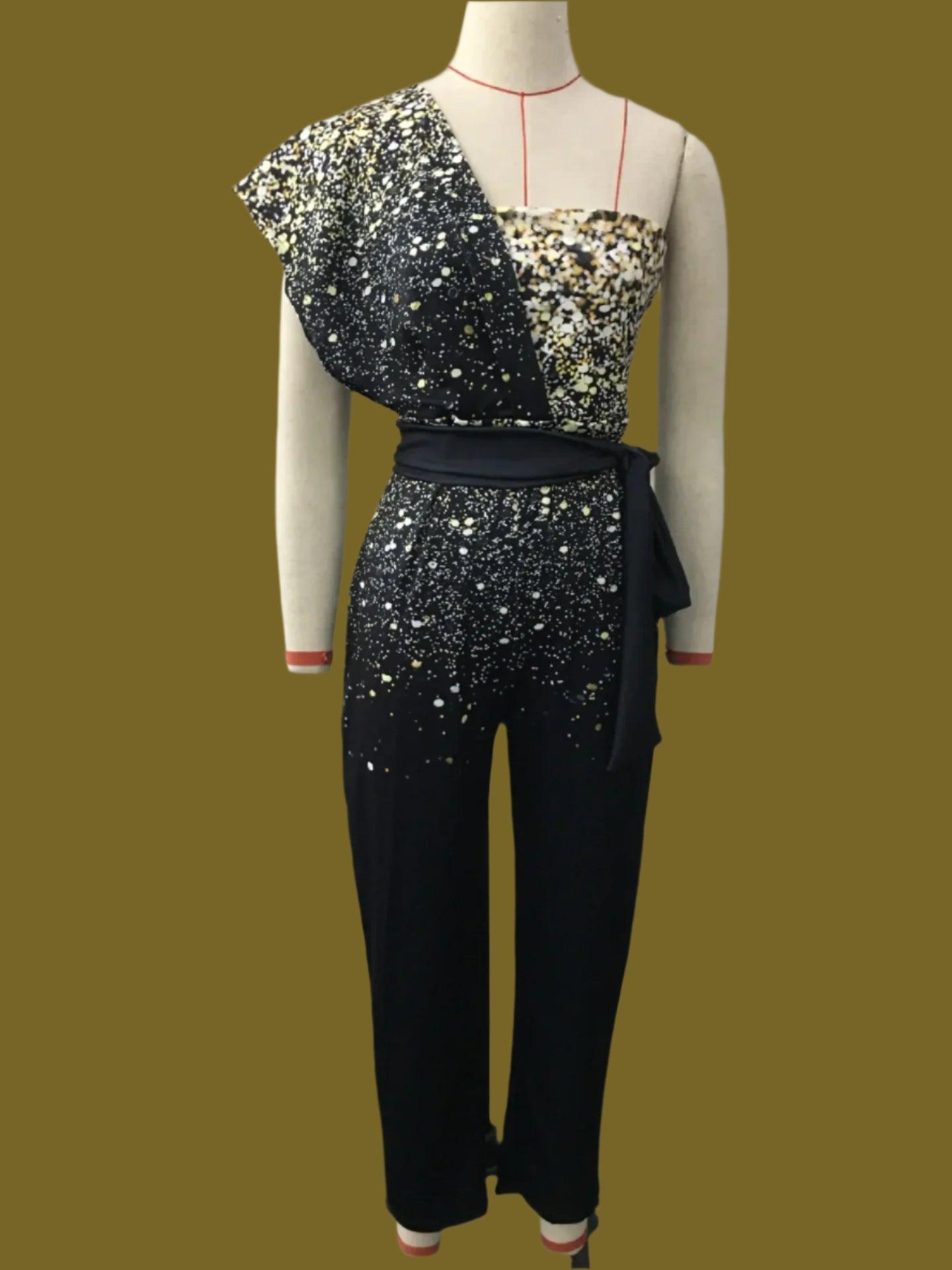 Women's Solid Color Romper, Cut-out Design, Belt Decoration, V-neck Fashion Sequin One-shoulder Bodysuit - Just The Fly Way