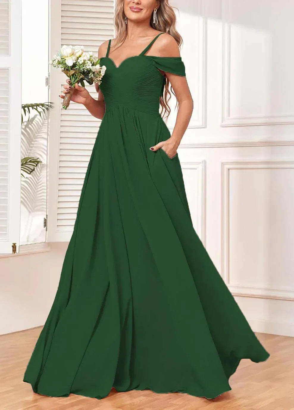 Off The Shoulder, Formal Chiffon Pleated Formal Long Length Evening Gown Customizable - Just The Fly Way