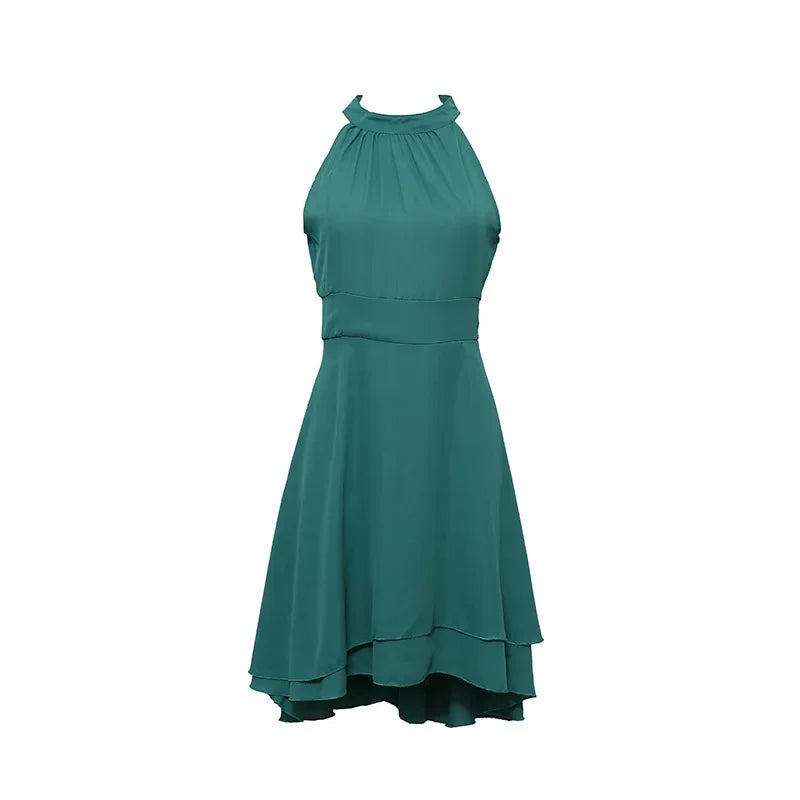Elegant Solid Color, High Waist, Halter Top, Sleeveless Midi Dress with Cropped Layered Chiffon Slimming Dresses - Just The Fly Way