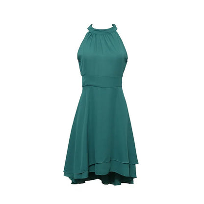 Elegant Solid Color, High Waist, Halter Top, Sleeveless Midi Dress with Cropped Layered Chiffon Slimming Dresses - Just The Fly Way