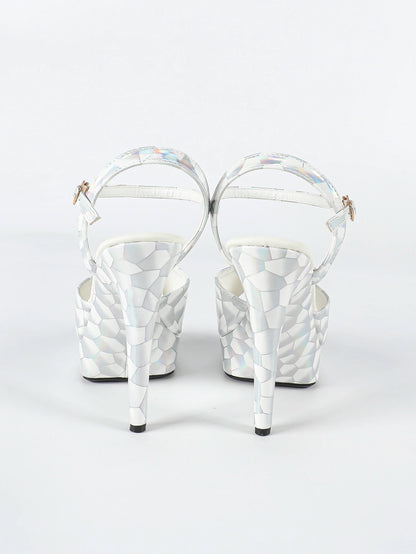 Fashionable, Bold and Beautiful DressHologram Iridescent PU Leather Buckle Strap Sandals For Woman 13CM Stiletto Summer Platform Heels Europe and America Party Shoes