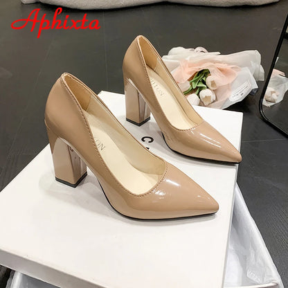Women's Patent Leather 10cm Square Heel Shoes by Aphixta - Extended Sizes 31-50