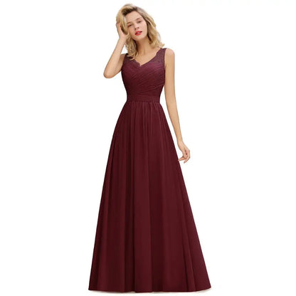BABYONLINE Elegant Bridesmaid Dress Pleated Bodice See-through Lace Cap Sleeves Maxi Flowy A-Line Skirt Wedding Party Gown Women