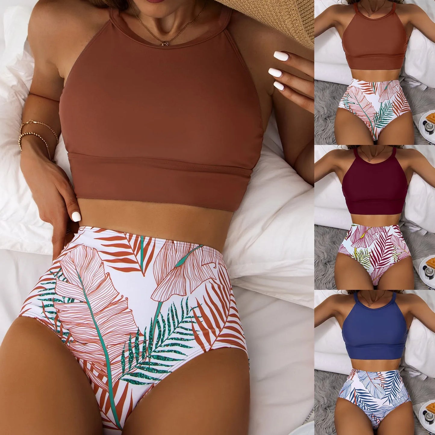 Fashionable, Bold and Beautiful DressWomen'S Tropical Printed Sexy Split Swimsuit Sports Tight Fitting High Waist Bikini Set High Elastic Swimwear Women'S Swimsuit