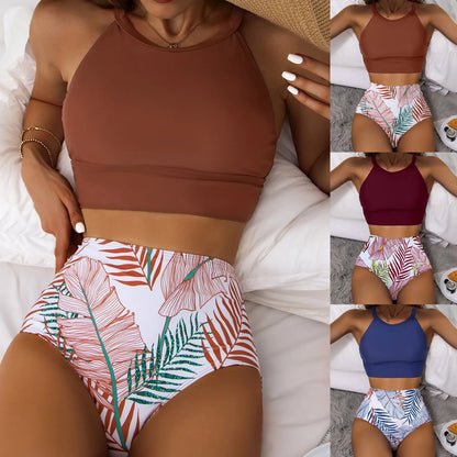 Fashionable, Bold and Beautiful DressWomen'S Tropical Printed Sexy Split Swimsuit Sports Tight Fitting High Waist Bikini Set High Elastic Swimwear Women'S Swimsuit