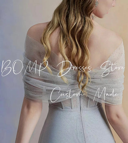 BOMP Elegant Blue Wedding Party Dress Off Shoulder Corset Draped A-Line Floor Length Tulle Special Occasion Evening Gown Custom