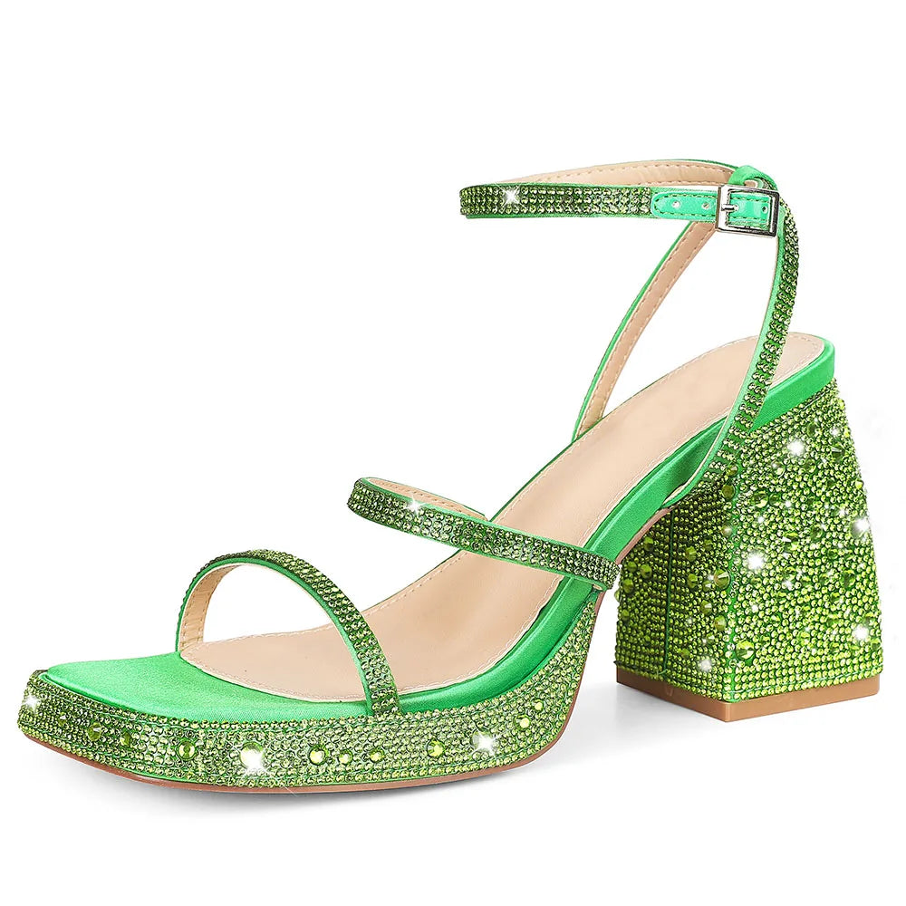 GIGIFOX Shiny Crystals Women Sandals Platform Chunky High Heel Ankle Strap Buckle Strap Shoes Sexy Elegant Dress Party Sandals - Just The Fly Way