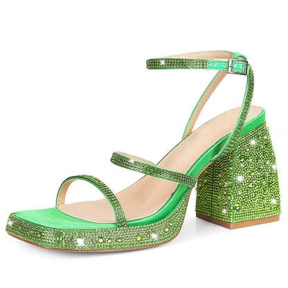 GIGIFOX Shiny Crystals Women Sandals Platform Chunky High Heel Ankle Strap Buckle Strap Shoes Sexy Elegant Dress Party Sandals - Just The Fly Way